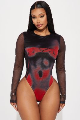 Losing Control Mesh Bodysuit - Red/combo sold by Fashion Nova