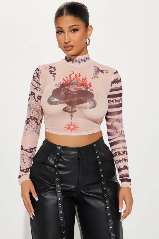 Heart On Fire Tattoo Mesh Top - Tan sold by Fashion Nova