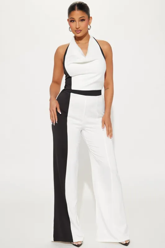 Here To Slay Satin Jumpsuit - White/Black sold by Fashion Nova