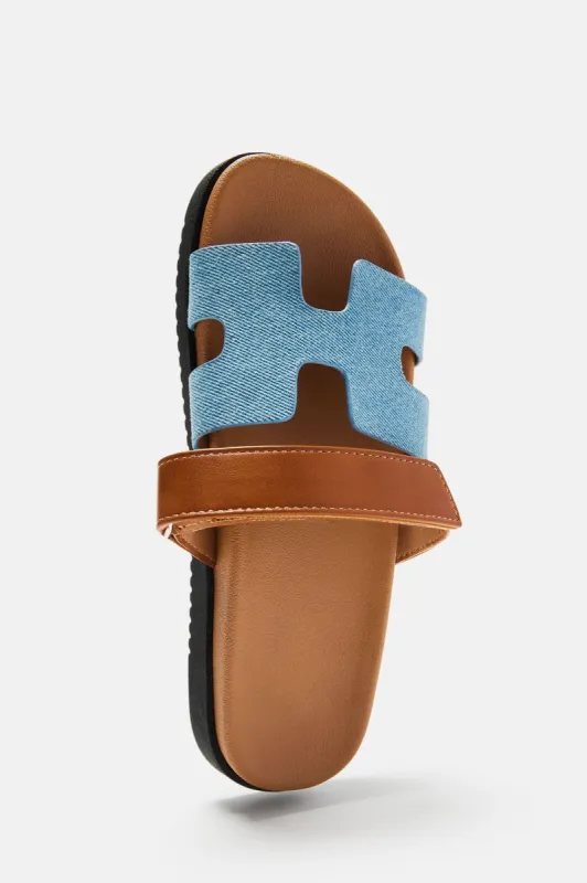 Doing Just Fine Slides - Blue/combo sold by Fashion Nova