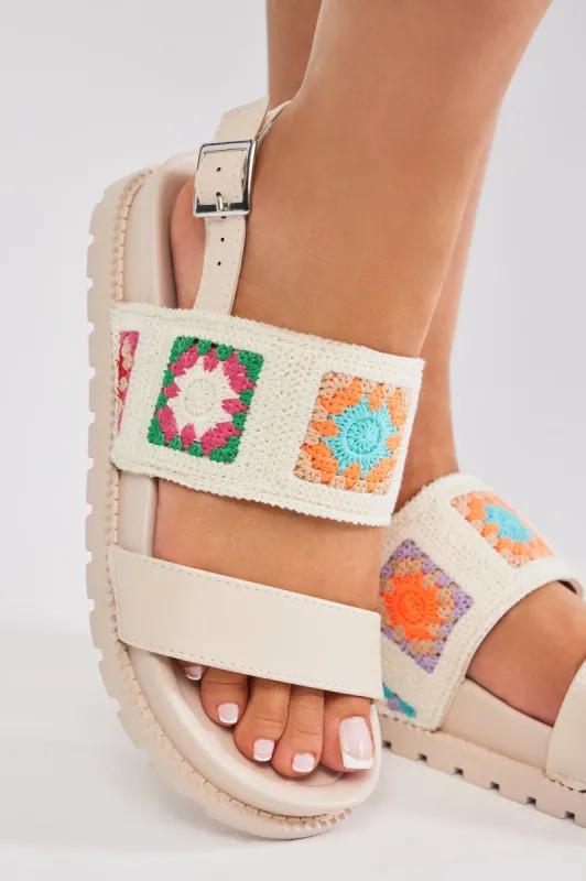Way Back When Flat Sandals - Cream/combo sold by Fashion Nova