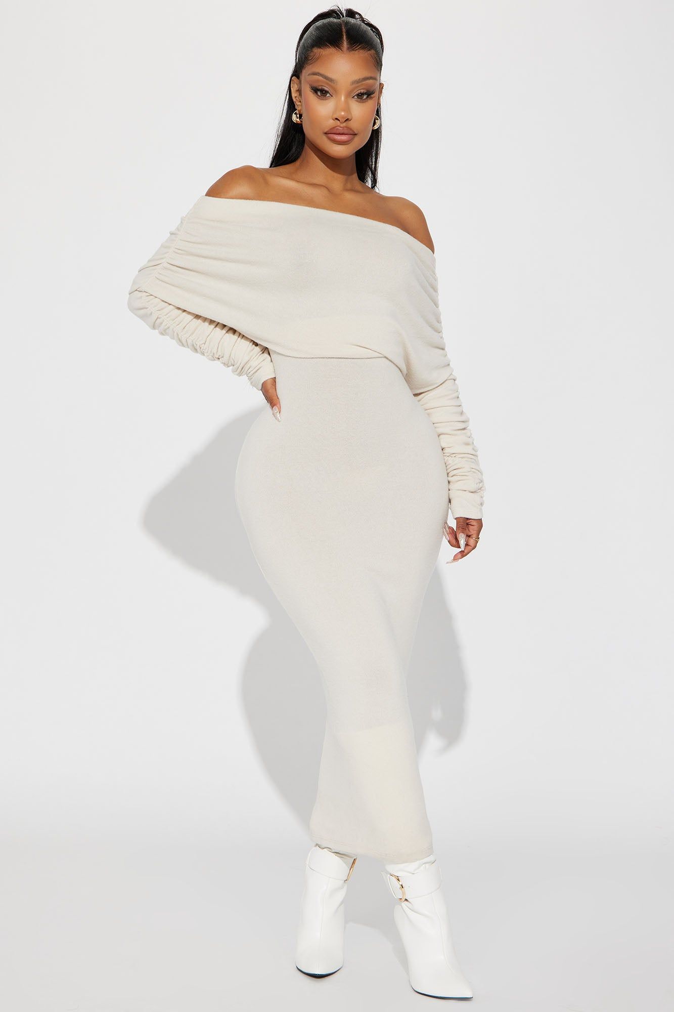 Yasmine Off Shoulder Sweater Maxi Dress - Cream sold by Fashion Nova