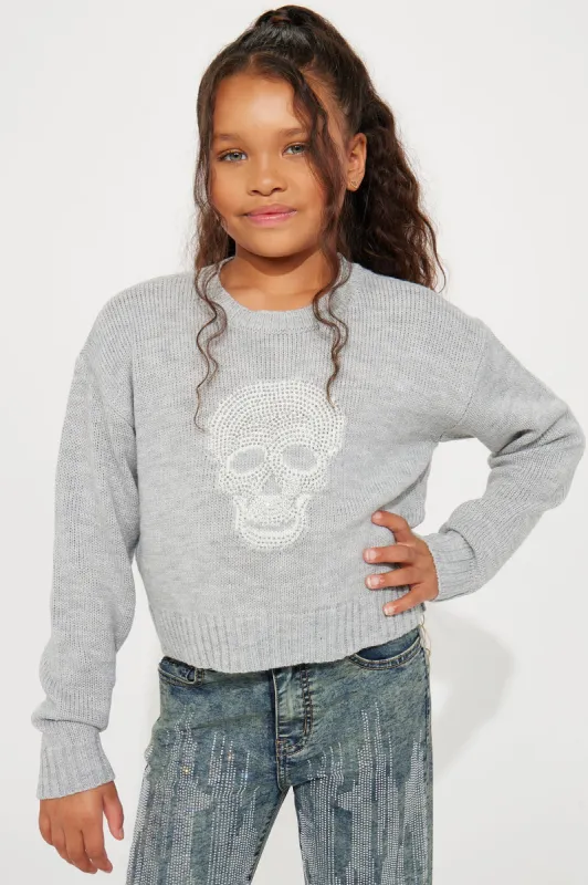 Mini Skull Of Sparkles Embellished Pullover Sweater - Grey sold by Fashion Nova
