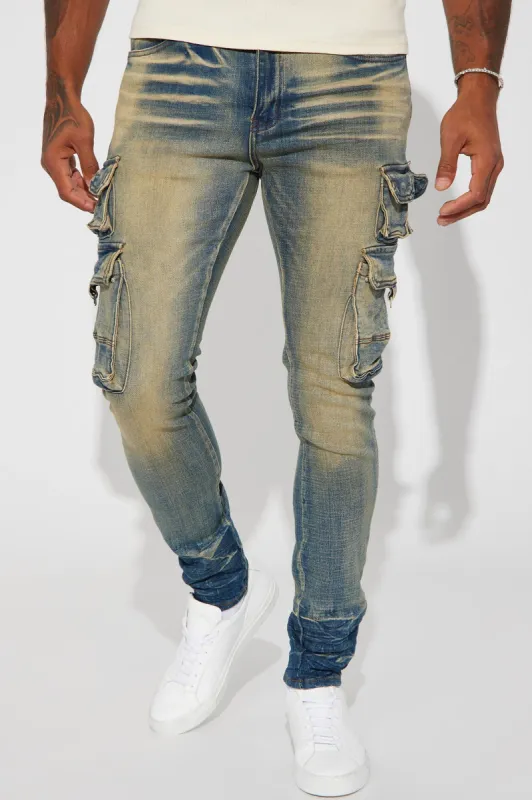 Next Move Cargo Stacked Skinny Jeans - Medium Wash sold by Fashion Nova