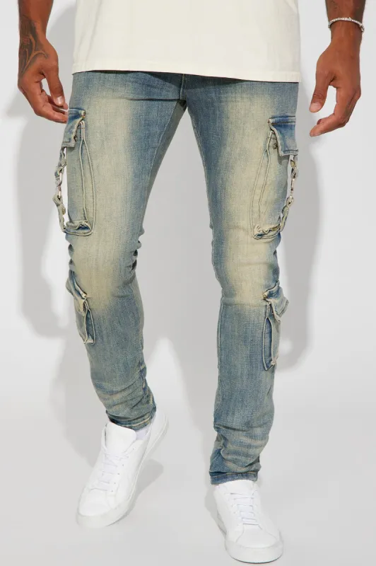 Hold On Cargo Stacked Skinny Jeans - Medium Wash sold by Fashion Nova