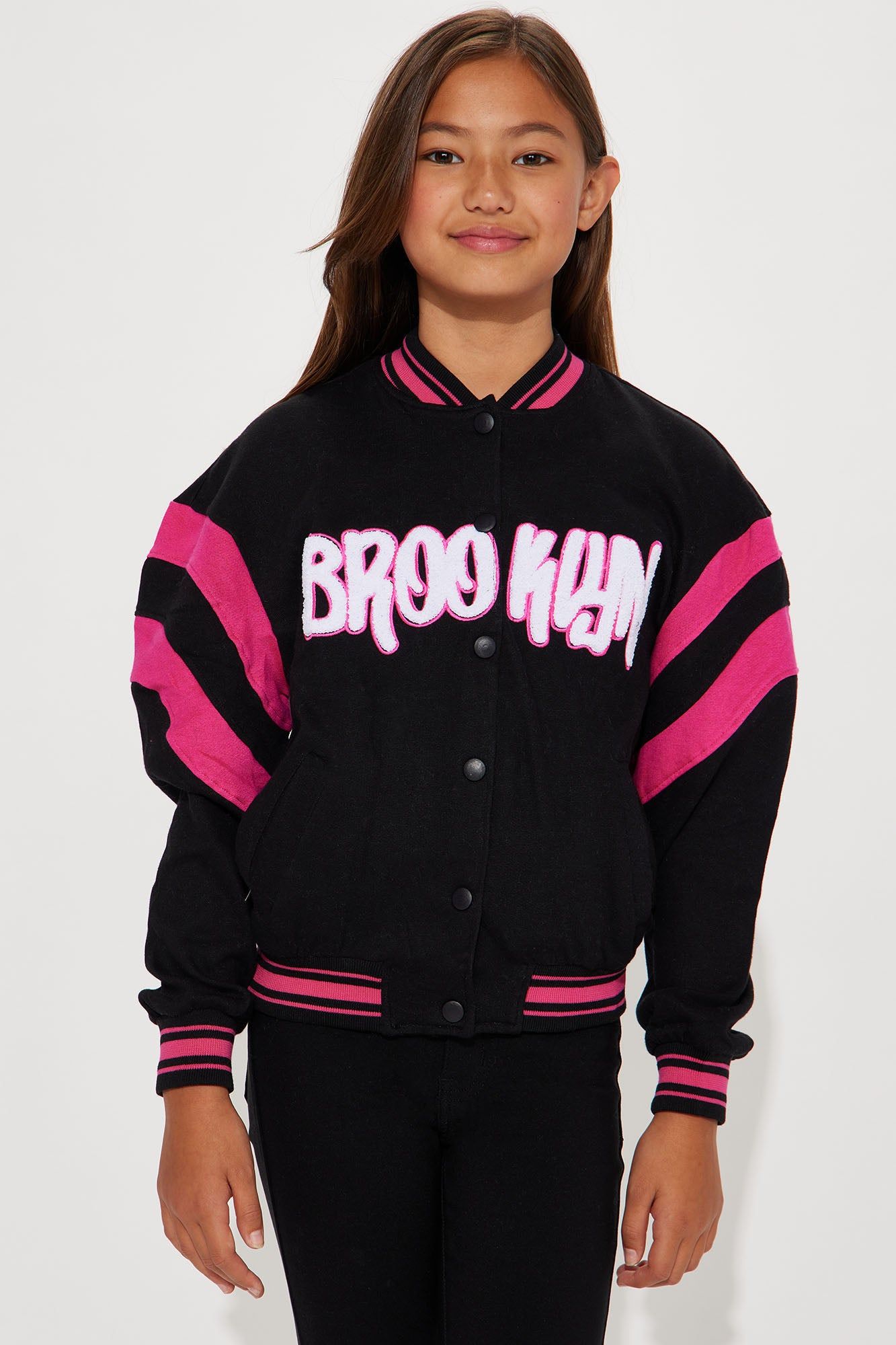 Mini Brooklyn Button Front Varsity Jacket - Black/combo sold by Fashion Nova product image thumbnail 3
