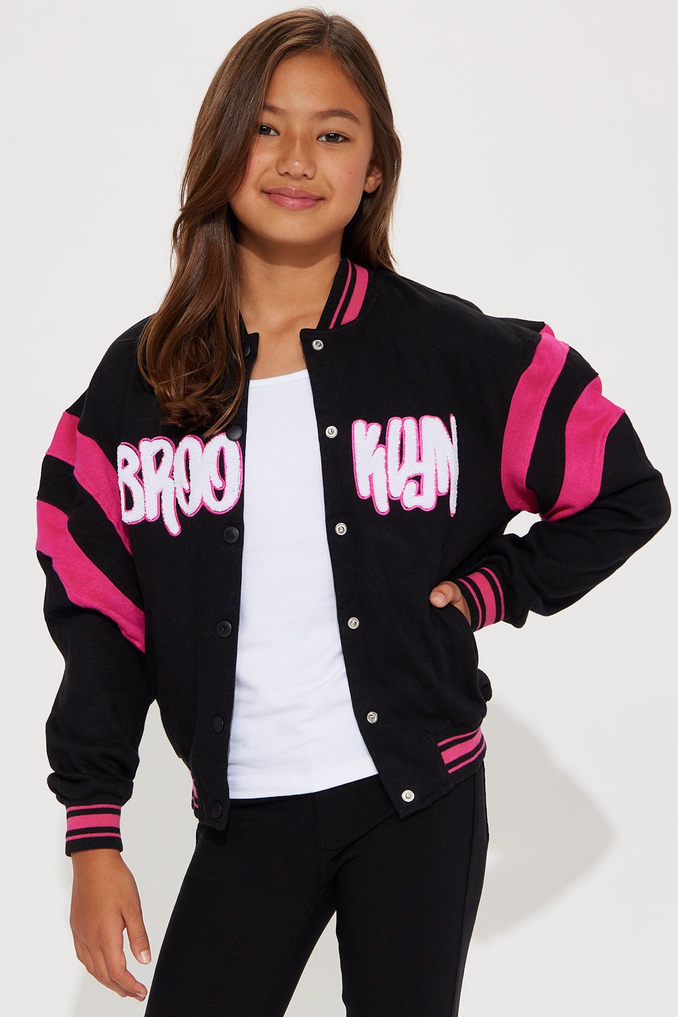 Mini Brooklyn Button Front Varsity Jacket - Black/combo sold by Fashion Nova