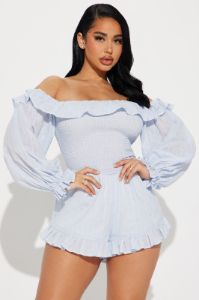 In My Sweet Era Romper - Light Blue sold by Fashion Nova