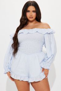 In My Sweet Era Romper - Light Blue sold by Fashion Nova