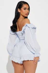 In My Sweet Era Romper - Light Blue sold by Fashion Nova