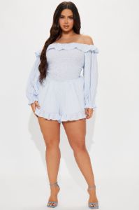 In My Sweet Era Romper - Light Blue sold by Fashion Nova