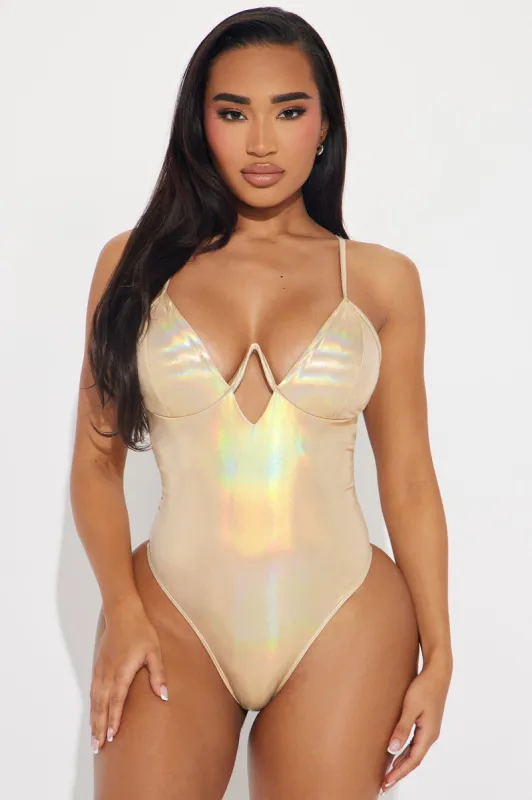 Shoreline Find Iridescent Underwire 1 Piece Swimsuit - Gold sold by Fashion Nova