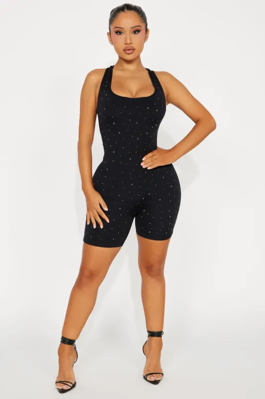 Star Quality Embellished Seamless Romper - Black sold by Fashion Nova