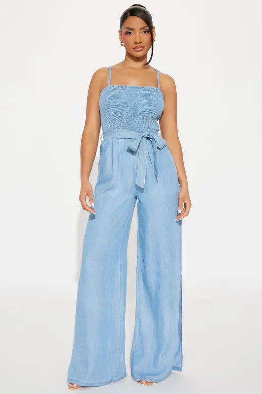 Cristy Chambray Jumpsuit - Light Wash sold by Fashion Nova
