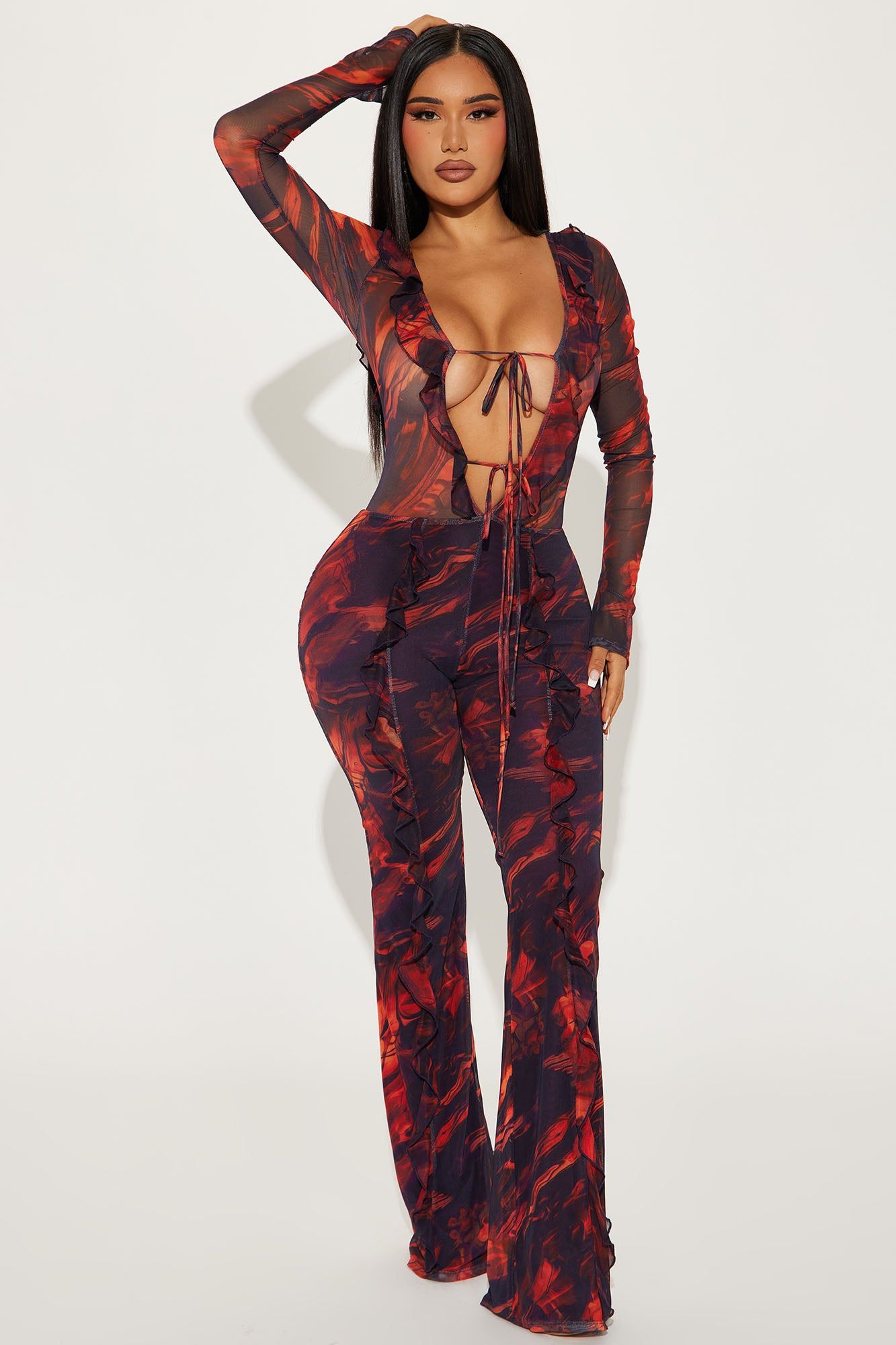 Most Popular Mesh Jumpsuit - Red/combo sold by Fashion Nova
