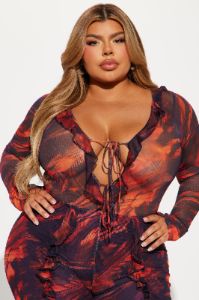 Most Popular Mesh Jumpsuit - Red/combo sold by Fashion Nova