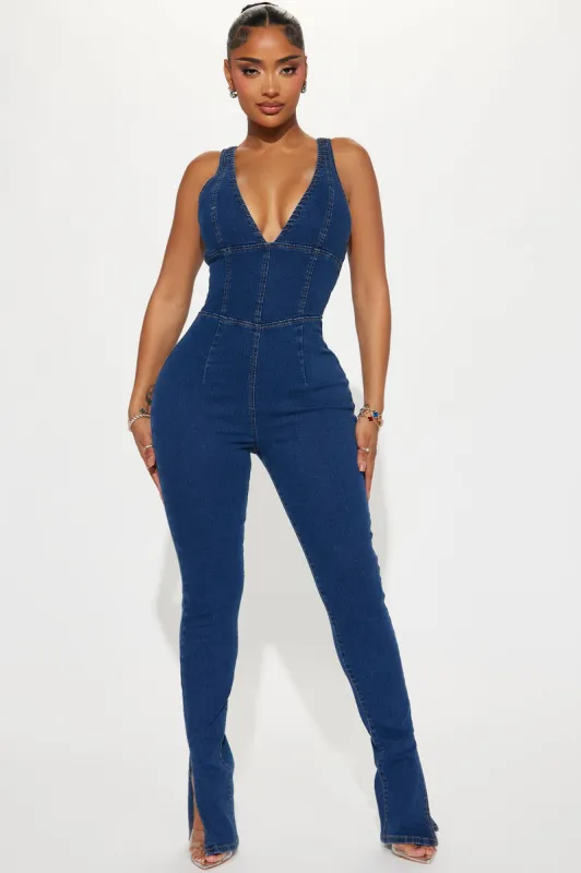 Out West Denim Jumpsuit - Dark Wash sold by Fashion Nova