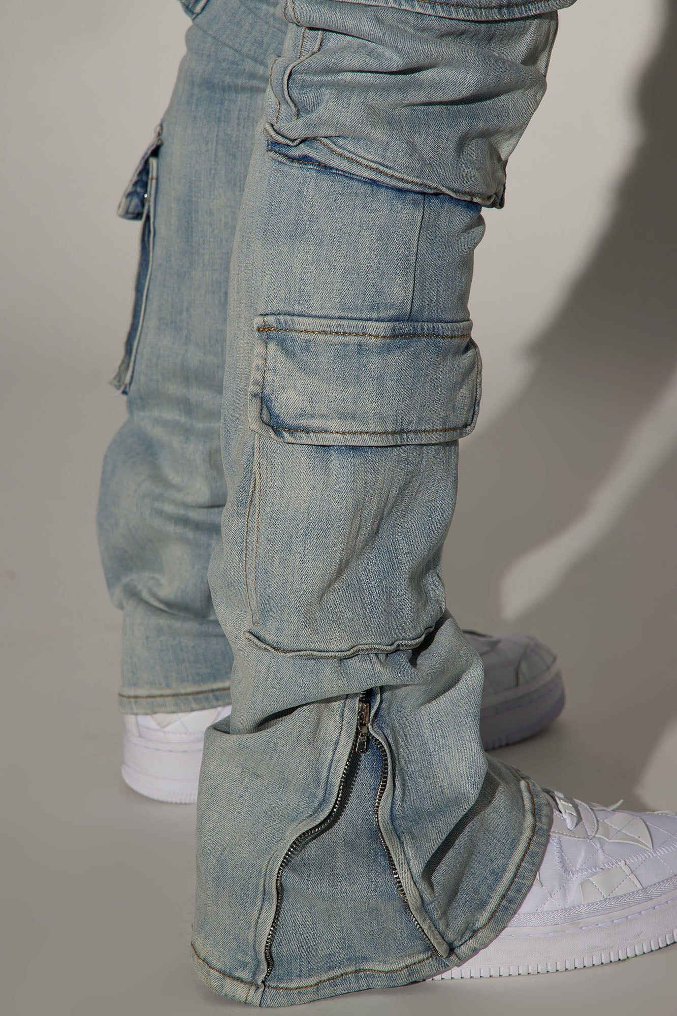 Three Cargo Stacked Skinny Zipper Flare Jeans - Light Wash sold by Fashion Nova product image thumbnail 5