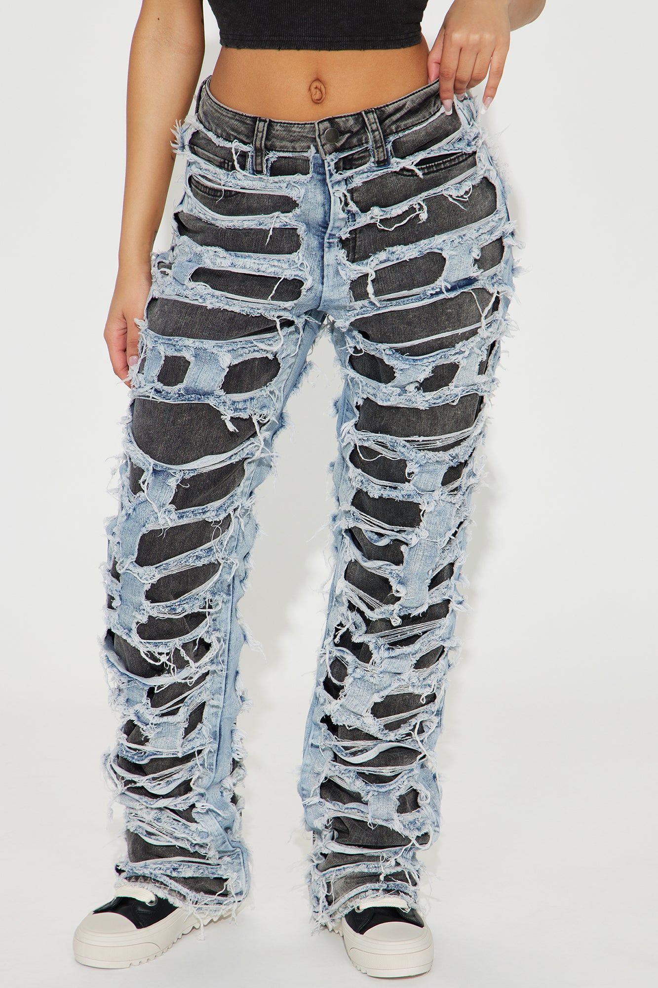 Ripped To Shreds Two Tone Straight Leg Jeans - Black/combo sold by Fashion Nova product image thumbnail 2