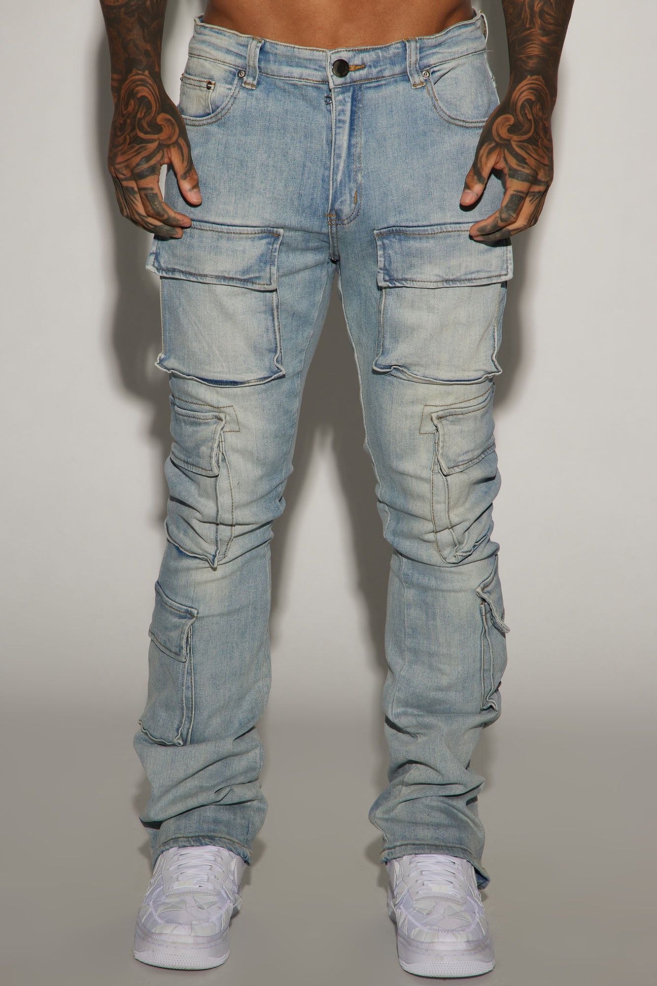 Three Cargo Stacked Skinny Zipper Flare Jeans - Light Wash sold by Fashion Nova product image thumbnail 3