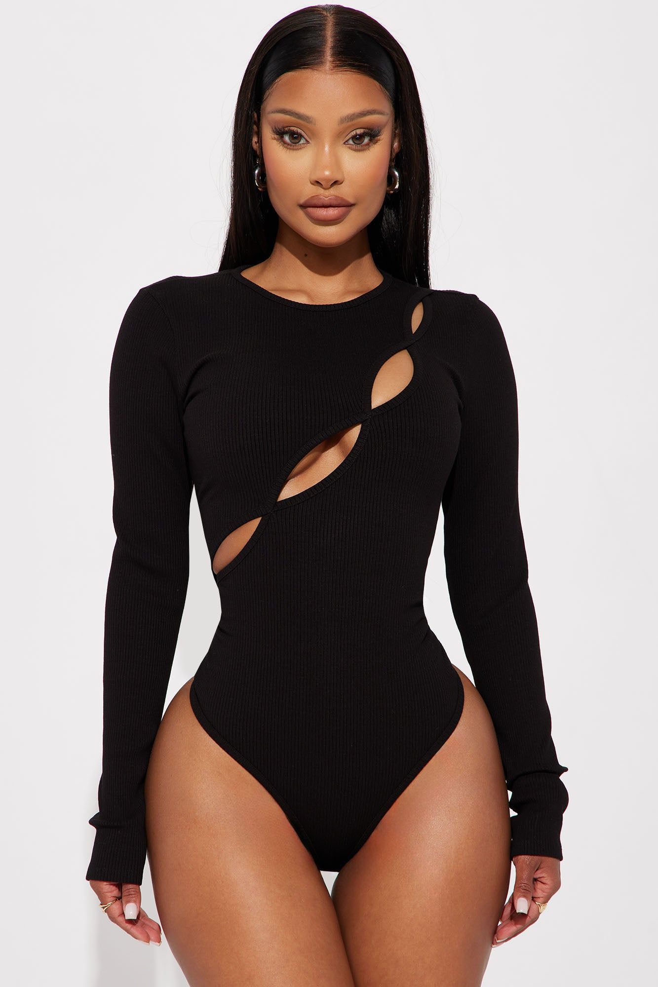 Kim Long Sleeve Cut Out Bodysuit - Black sold by Fashion Nova