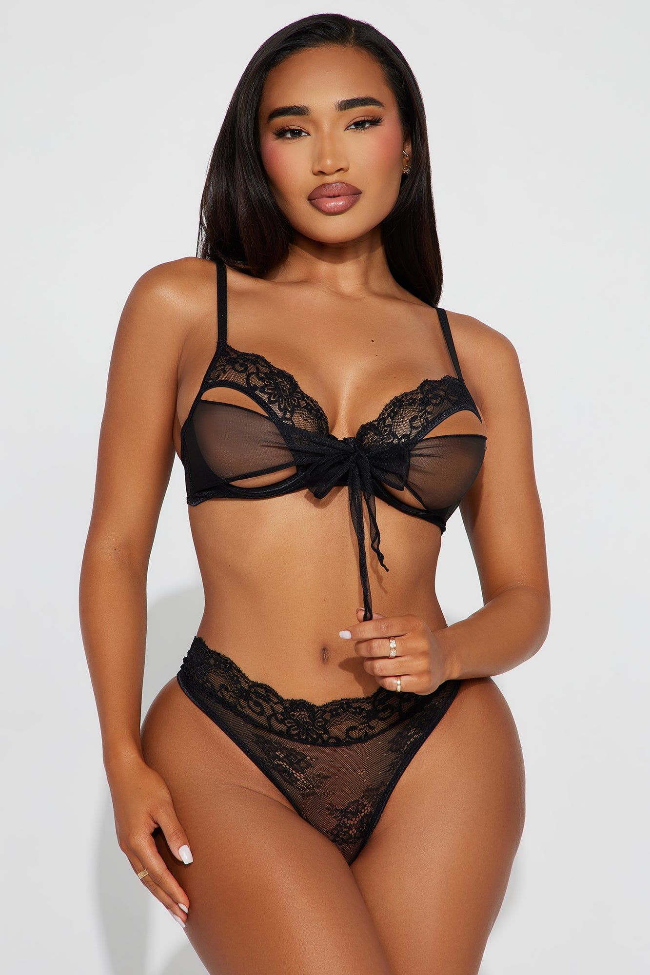 Tied Down Tulle Bow Bra And Panty Set - Black sold by Fashion Nova