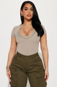 Keaton Short Sleeve Bodysuit - Stone sold by Fashion Nova