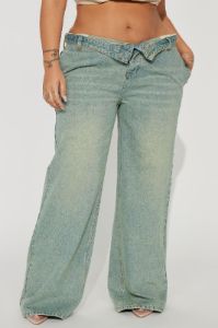 Frankie Foldover Tinted Wide Leg Jeans - Medium Wash sold by Fashion Nova
