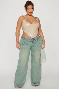 Frankie Foldover Tinted Wide Leg Jeans - Medium Wash sold by Fashion Nova