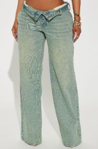 Frankie Foldover Tinted Wide Leg Jeans - Medium Wash sold by Fashion Nova