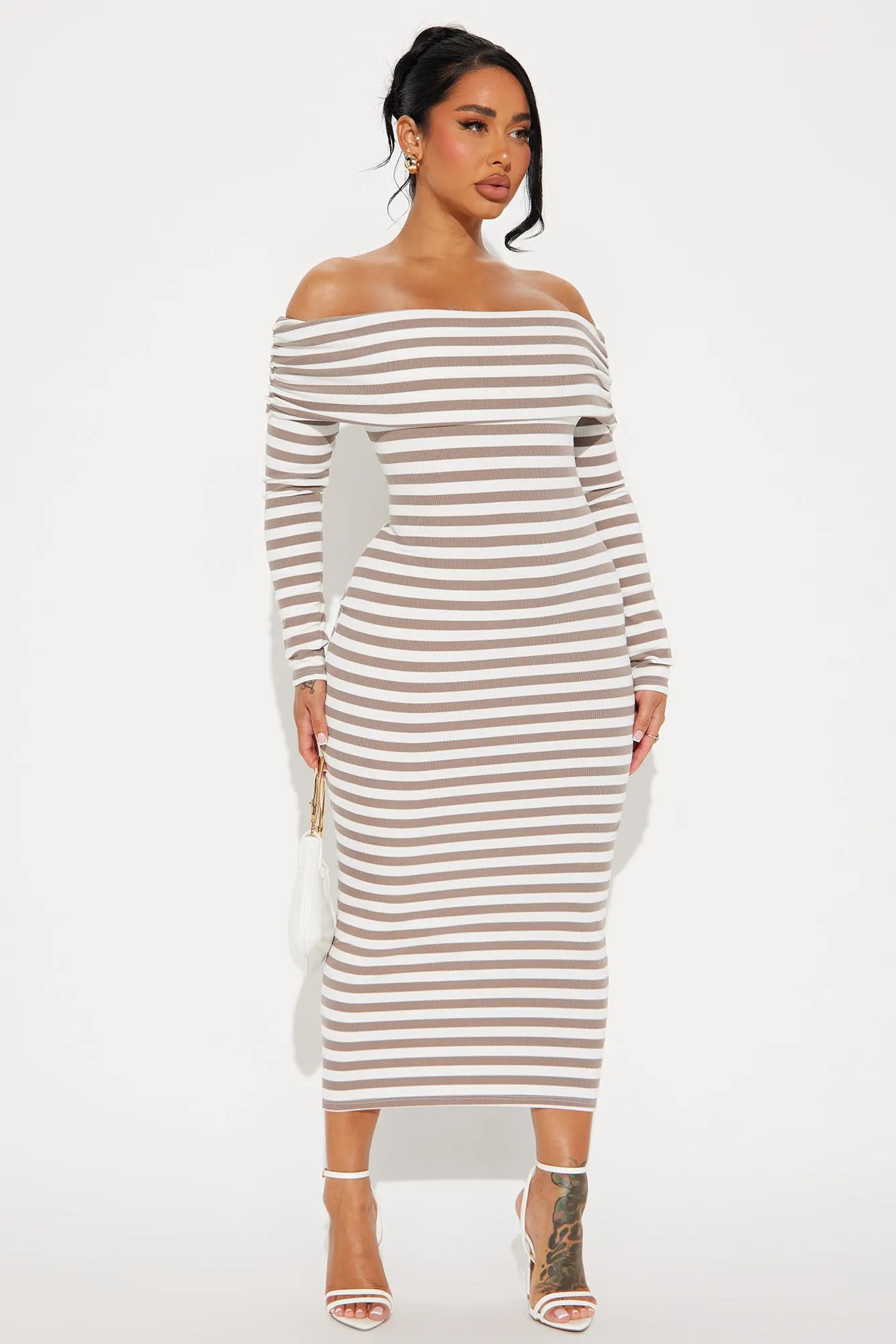 True Masterpiece Striped Midi Dress - Taupe/combo sold by Fashion Nova