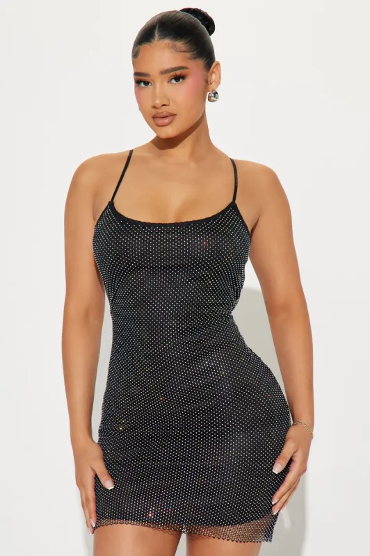 Glam Up Rhinestone Mesh Mini Dress - Black sold by Fashion Nova