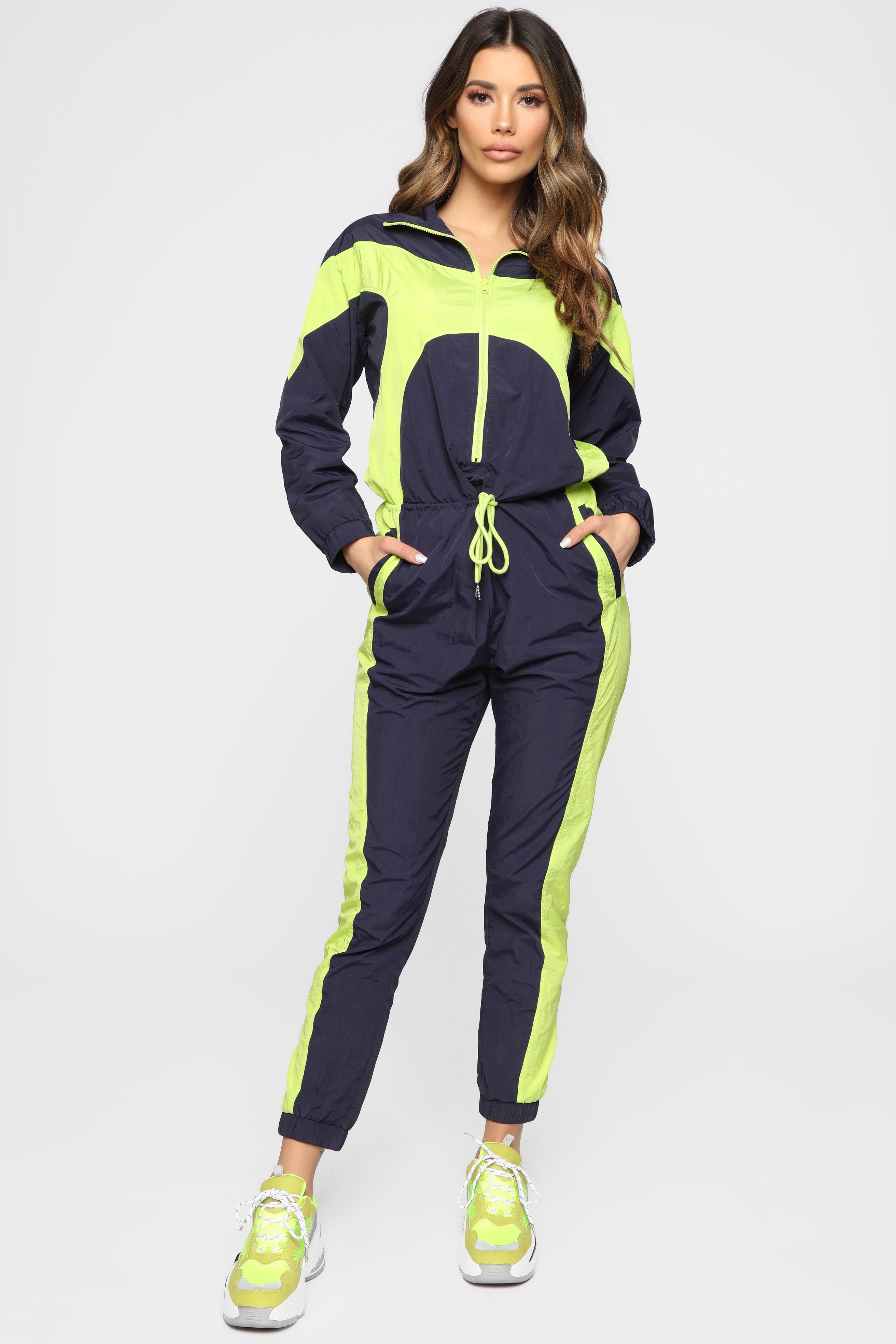 Just My Style Windbreaker Jumpsuit - Navy/Lime sold by Fashion Nova