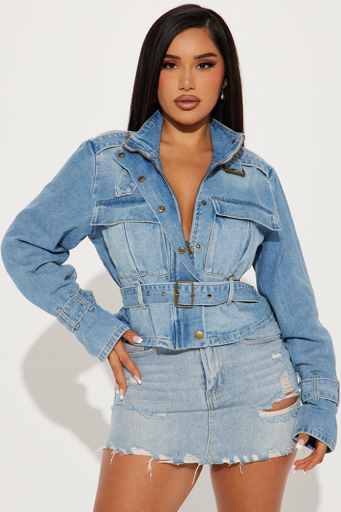 Here We Go Denim Cargo Jacket - Medium Wash sold by Fashion Nova