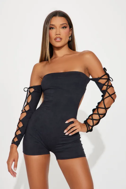 Other Side Faux Suede Romper - Black sold by Fashion Nova
