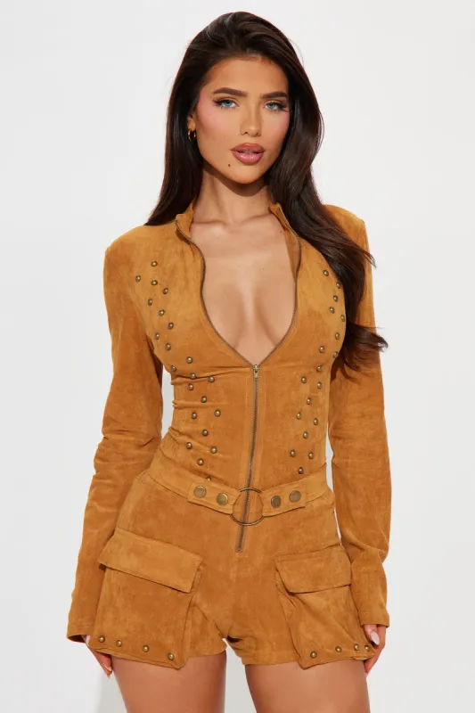 Tianna Faux Suede Romper - Cognac sold by Fashion Nova
