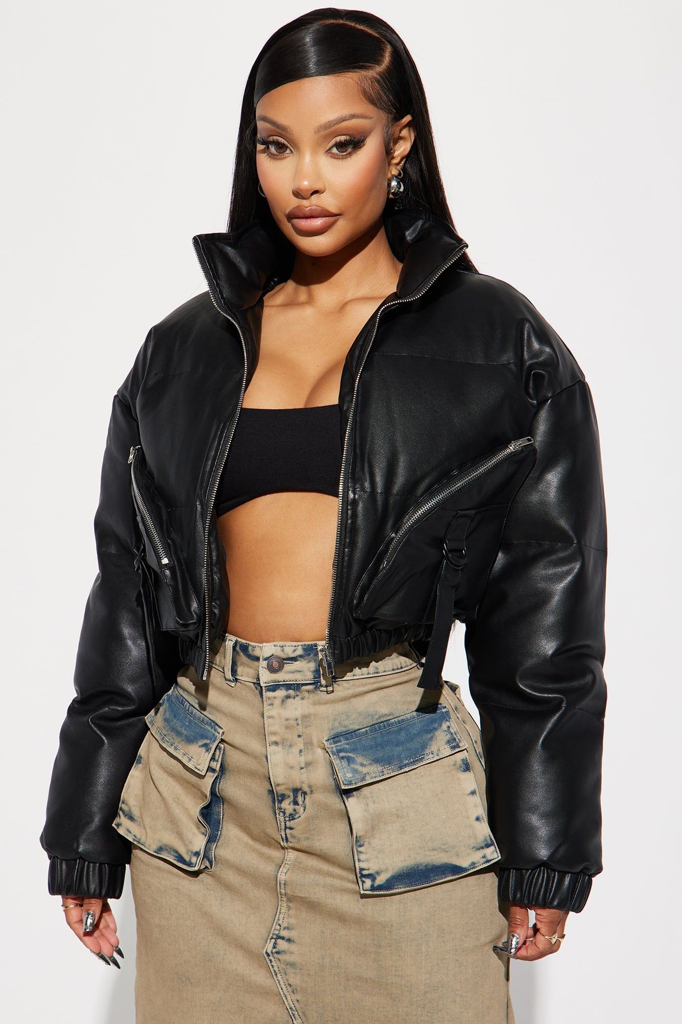 Puff Baby Faux Leather Bomber Jacket - Black sold by Fashion Nova