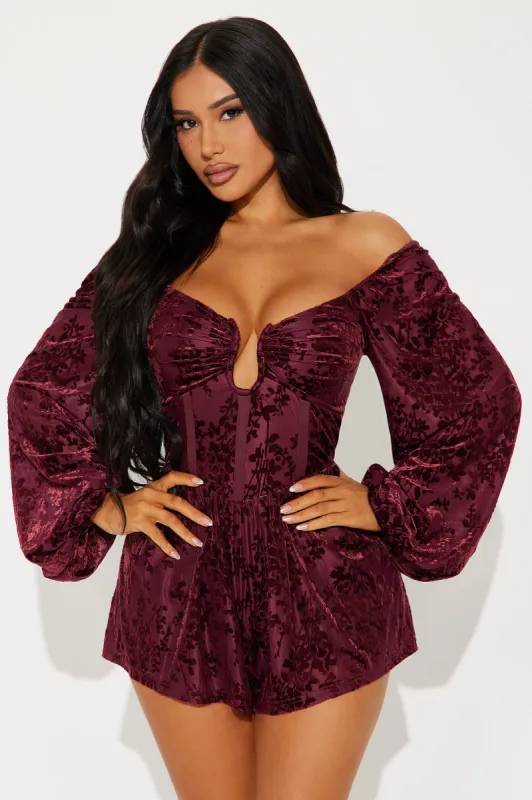 Alice Velvet Romper - Wine sold by Fashion Nova