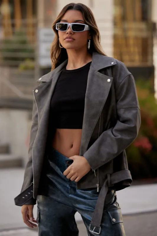Big Rider Over Sized Washed Faux Leather Moto - Grey sold by Fashion Nova