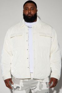 Aspen Quilted Gloss Nylon Shacket - White sold by Fashion Nova