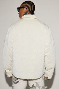 Aspen Quilted Gloss Nylon Shacket - White sold by Fashion Nova