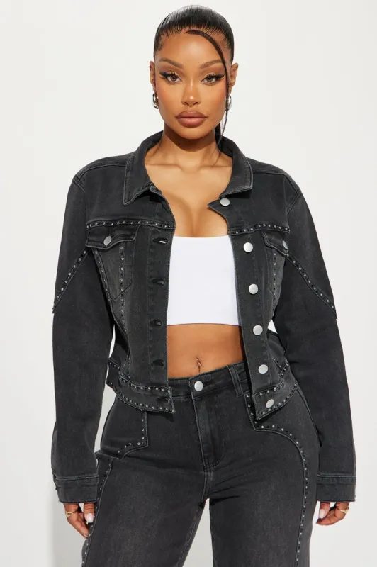 Striking Conversation Embellished Denim Jacket - Black Wash sold by Fashion Nova