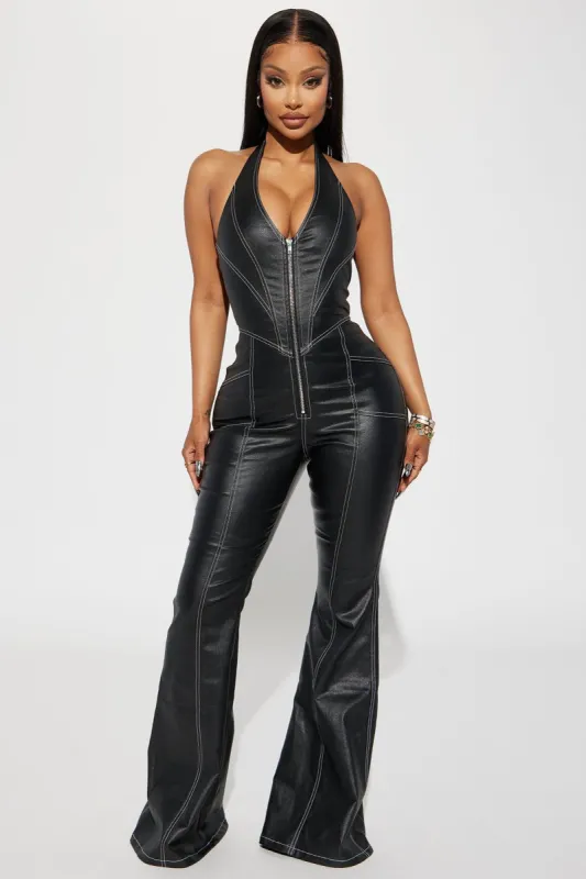Another Guestlist Faux Leather Jumpsuit - Black sold by Fashion Nova