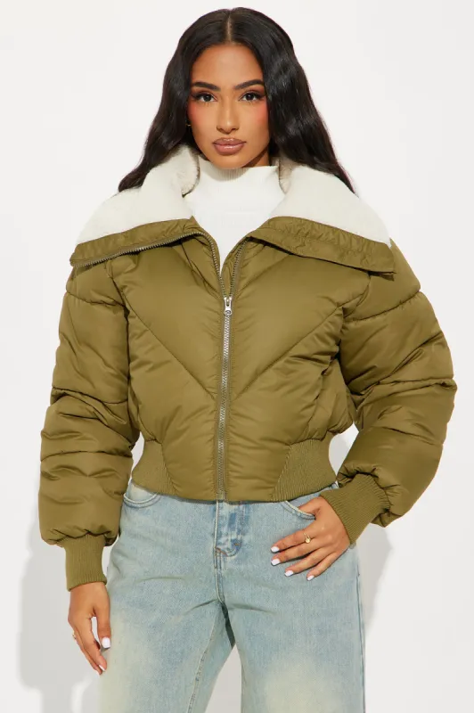 Akari Sherpa Collar Puffer Jacket - Olive sold by Fashion Nova