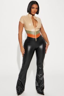 All About My 70's Faux Leather Jumpsuit - Black/combo sold by Fashion Nova