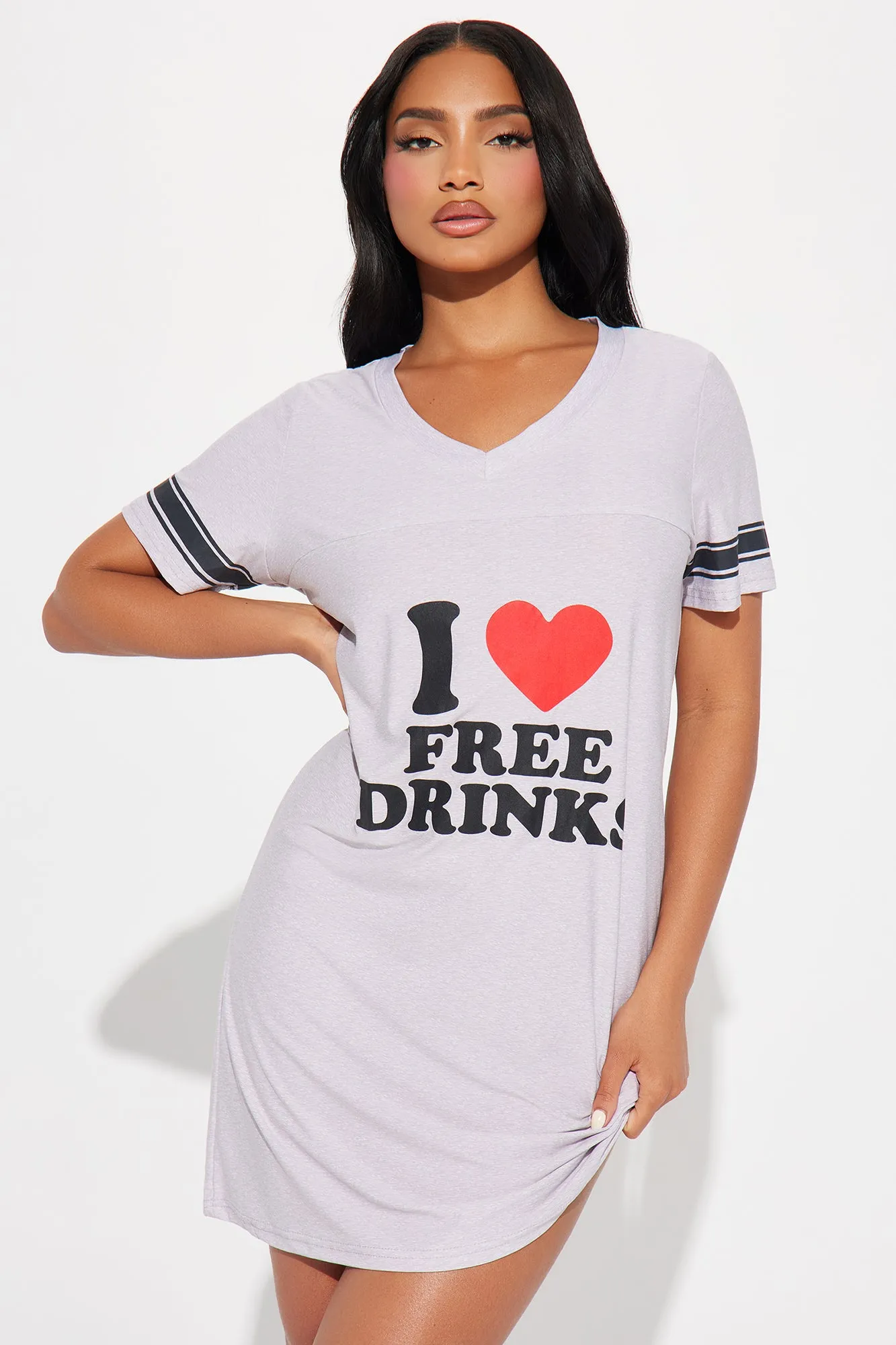 I Love Free Drinks PJ Sleep Shirt - Heather Grey sold by Fashion Nova