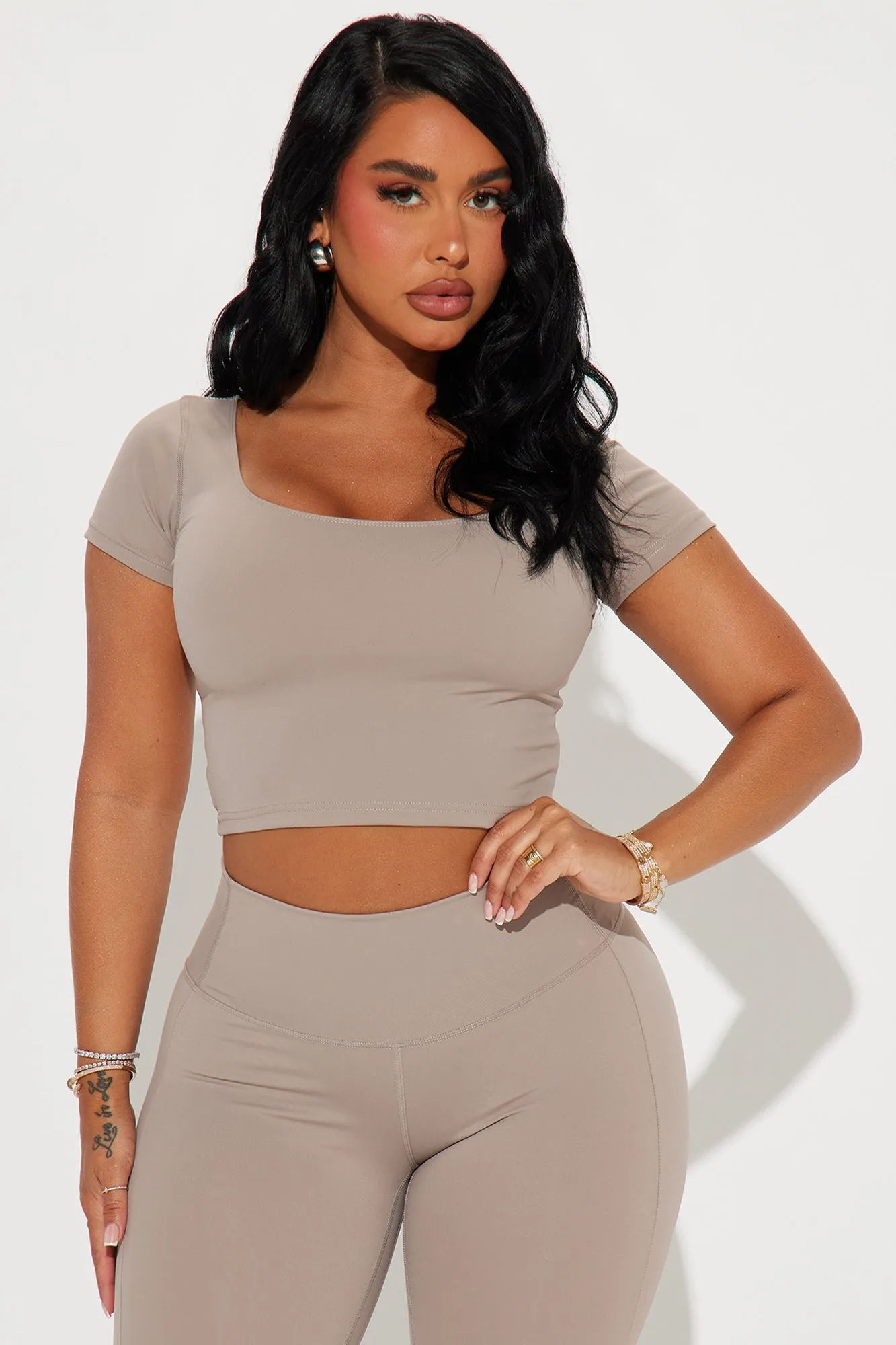 Body Sculpt Short Sleeve Active Top - Taupe sold by Fashion Nova