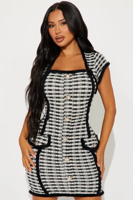 First Lady Stretch Tweed Mini Dress - Black/White sold by Fashion Nova