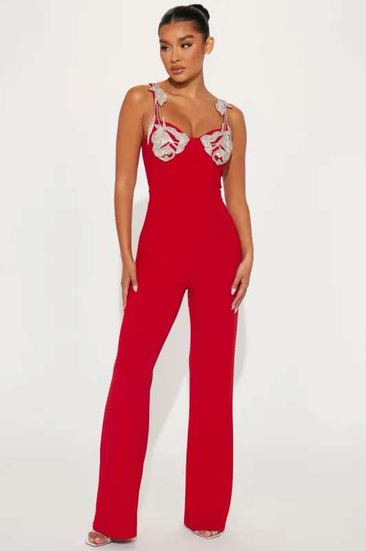 Oscars Lady Embellished Jumpsuit - Red sold by Fashion Nova