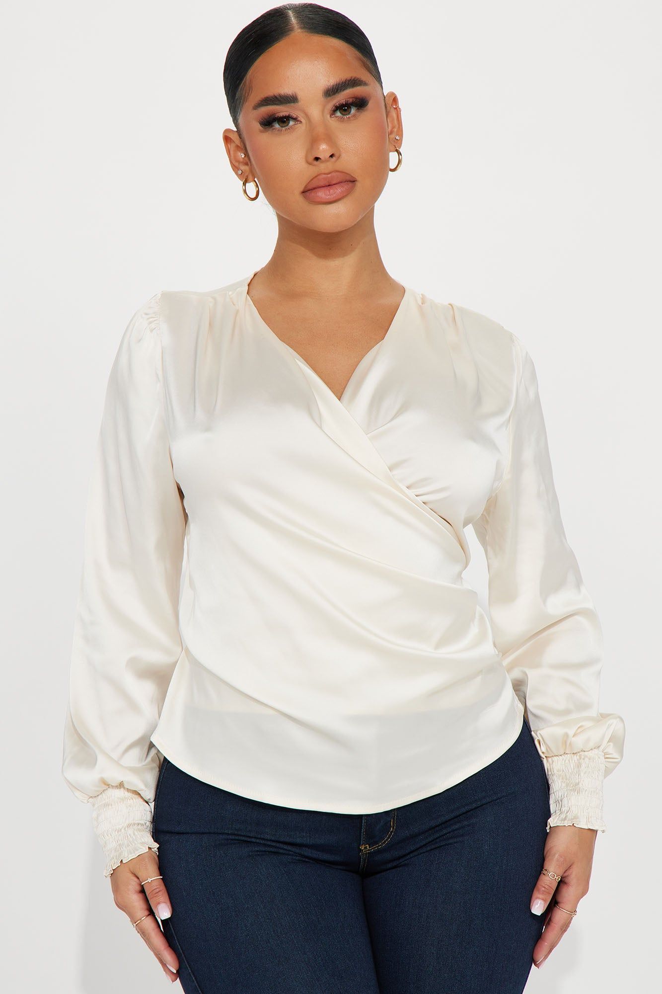 Dinner and Drinks Satin Blouse Top - Cream sold by Fashion Nova